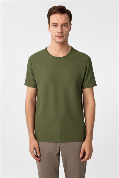 Haki Slim Fit Armürlü Bisiklet Yaka Tişört