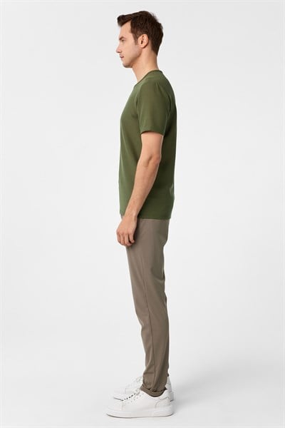 Haki Slim Fit Armürlü Bisiklet Yaka Tişört