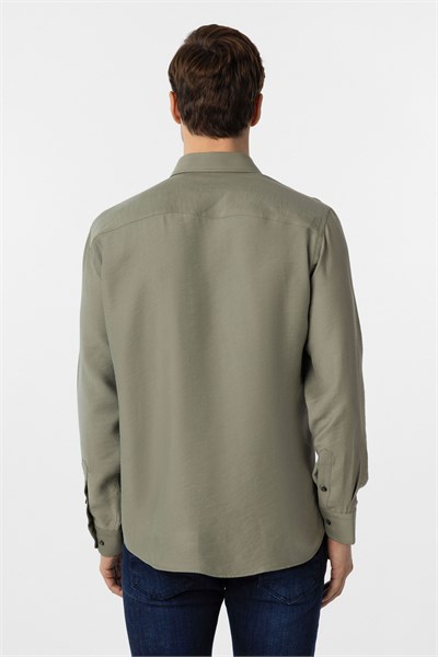 Haki Slim Fit Düz Klasik Yaka Gömlek