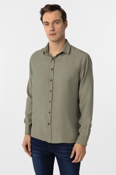 Haki Slim Fit Düz Klasik Yaka Gömlek