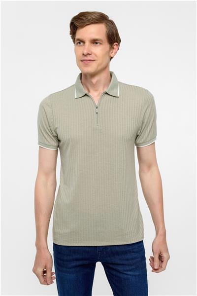 Haki Slim Fitilli Polo Yaka Tişört