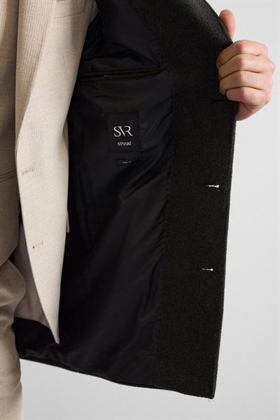 Haki Slim Sivri Yaka Düz Yan Cepli Düğmeli Dolgusuz Standart Kaban