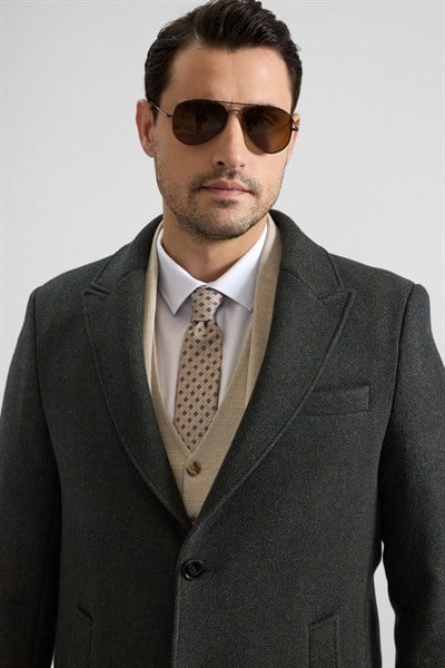 Haki Slim Sivri Yaka Düz Yan Cepli Düğmeli Dolgusuz Standart Kaban