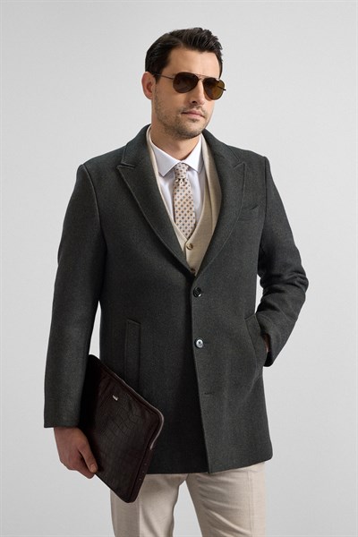 Haki Slim Sivri Yaka Düz Yan Cepli Düğmeli Dolgusuz Standart Kaban