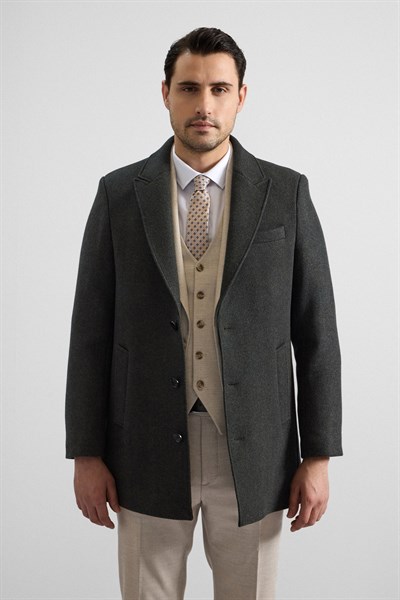 Haki Slim Sivri Yaka Düz Yan Cepli Düğmeli Dolgusuz Standart Kaban