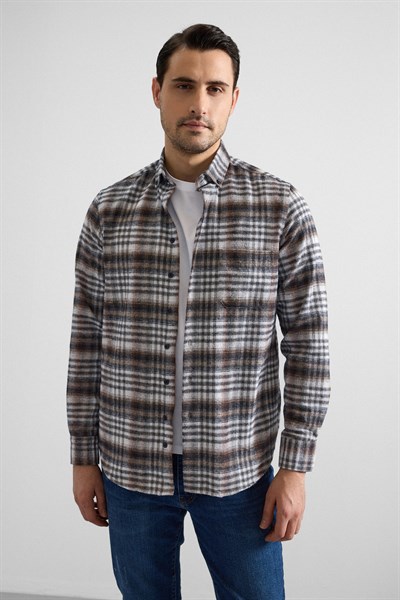 Kiremit Regular Düğmeli Yaka Kareli Casual Gömlek