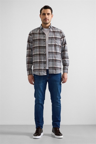 Kiremit Regular Düğmeli Yaka Kareli Casual Gömlek