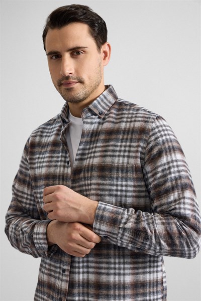 Kiremit Regular Düğmeli Yaka Kareli Casual Gömlek