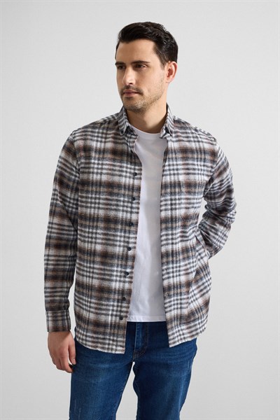 Kiremit Regular Düğmeli Yaka Kareli Casual Gömlek