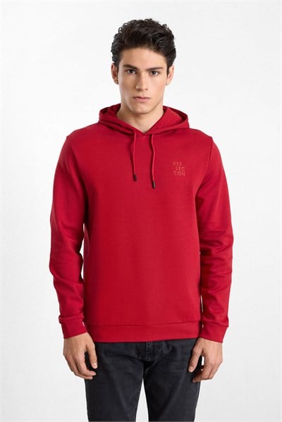 Kırmızı Regular Düz Baskılı İnterlok Kapüşonlu Cepsiz Sweatshirt