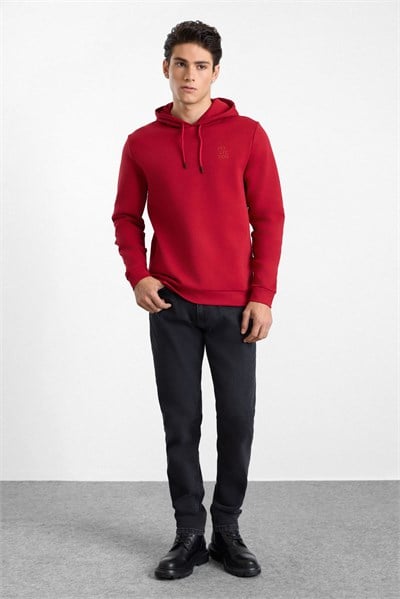 Kırmızı Regular Düz Baskılı İnterlok Kapüşonlu Cepsiz Sweatshirt