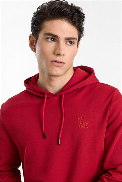 Kırmızı Regular Düz Baskılı İnterlok Kapüşonlu Cepsiz Sweatshirt