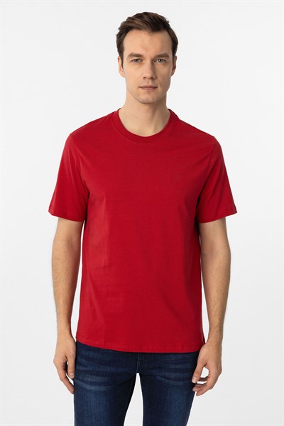 Kırmızı Regular Düz Bisiklet Yaka Tişört