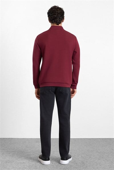 Koyu Bordo Regular Düz Baskılı İnterlok Dik Yaka Cepsiz Sweatshirt