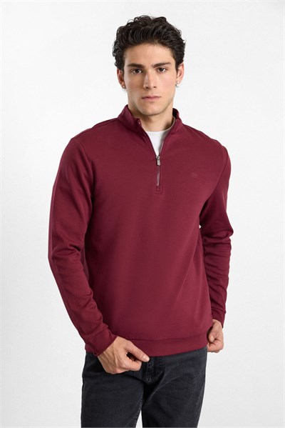 Koyu Bordo Regular Düz Baskılı İnterlok Dik Yaka Cepsiz Sweatshirt