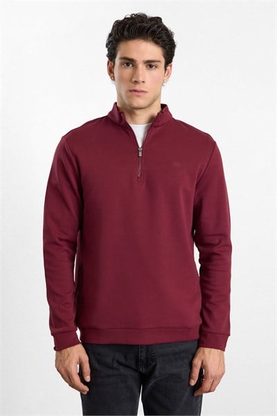 Koyu Bordo Regular Düz Baskılı İnterlok Dik Yaka Cepsiz Sweatshirt
