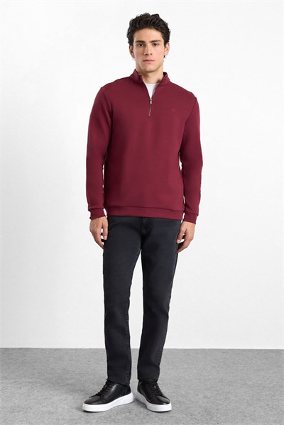 Koyu Bordo Regular Düz Baskılı İnterlok Dik Yaka Cepsiz Sweatshirt