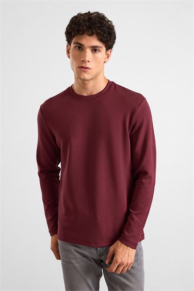 Koyu Bordo Regular Düz Baskısız İnterlok Bisiklet Yaka Cepsiz Sweatshirt