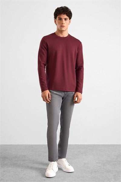 Koyu Bordo Regular Düz Baskısız İnterlok Bisiklet Yaka Cepsiz Sweatshirt