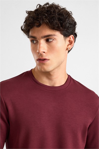 Koyu Bordo Regular Düz Baskısız İnterlok Bisiklet Yaka Cepsiz Sweatshirt
