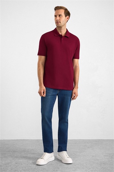 Koyu Bordo Regular Düz Baskısız Pike Düğmeli Polo Yaka Tişört