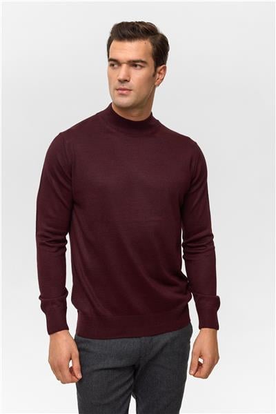 Koyu Bordo Regular Düz Yarım Balıkçı Yaka Triko Kazak