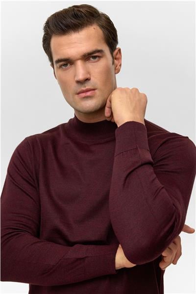 Koyu Bordo Regular Düz Yarım Balıkçı Yaka Triko Kazak