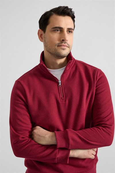 Koyu Bordo Regular Düz Yarım Balıkçı Yaka Sweatshirt