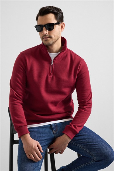 Koyu Bordo Regular Düz Yarım Balıkçı Yaka Sweatshirt