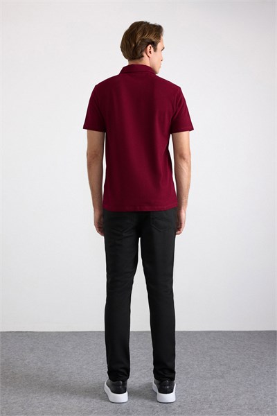 Koyu Bordo Regular Petek Baskısız Süprem Düğmeli Polo Yaka Standart Tişört
