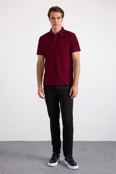Koyu Bordo Regular Petek Baskısız Süprem Düğmeli Polo Yaka Standart Tişört