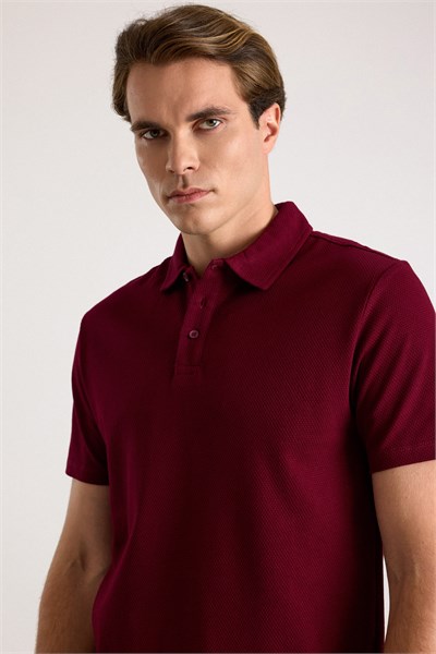 Koyu Bordo Regular Petek Baskısız Süprem Düğmeli Polo Yaka Standart Tişört