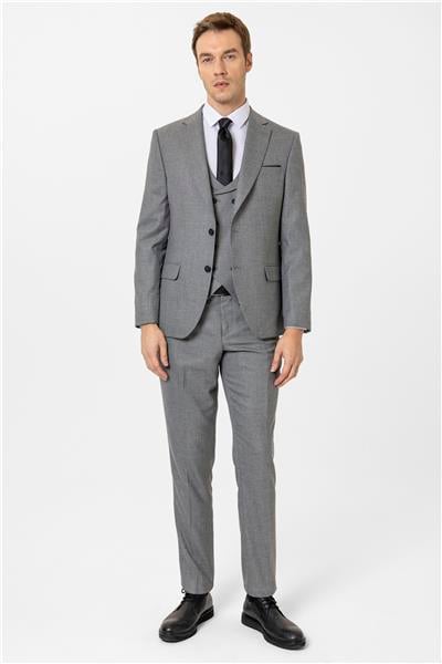 Antrasit Slim Fit Desenli Mono Yaka 6 Drop Yelekli Klasik Takım Elbise