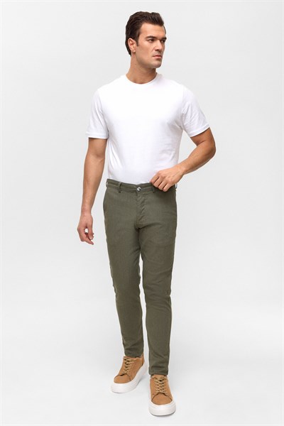 Koyu Haki Slim Armürlü Kanvas Pantolon