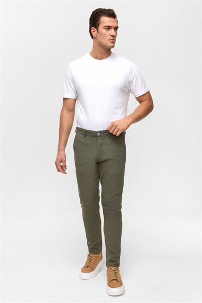Koyu Haki Slim Armürlü Kanvas Pantolon