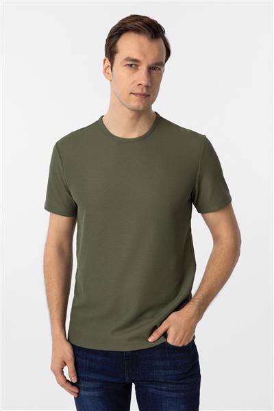 Koyu Haki Slim Fit Armürlü Bisiklet Yaka Tişört