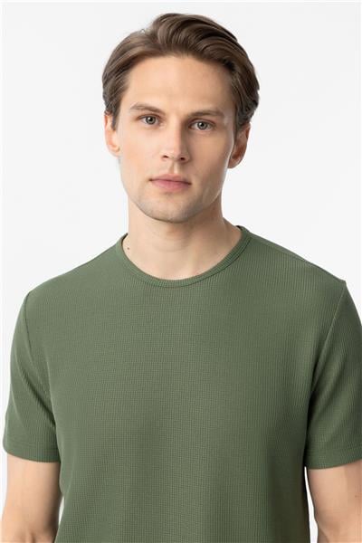 Koyu Haki Slim Fit Armürlü Bisiklet Yaka Tişört