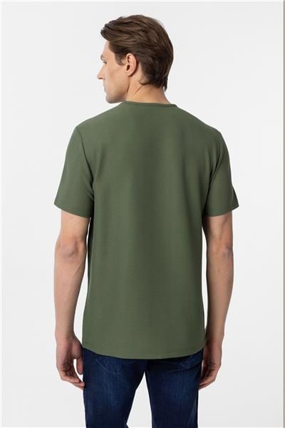 Koyu Haki Slim Fit Armürlü Bisiklet Yaka Tişört