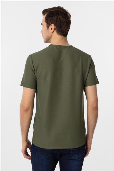 Koyu Haki Slim Fit Armürlü Bisiklet Yaka Tişört
