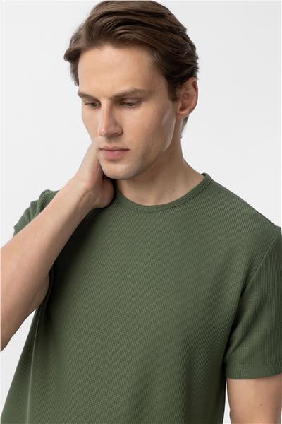 Koyu Haki Slim Fit Armürlü Bisiklet Yaka Tişört