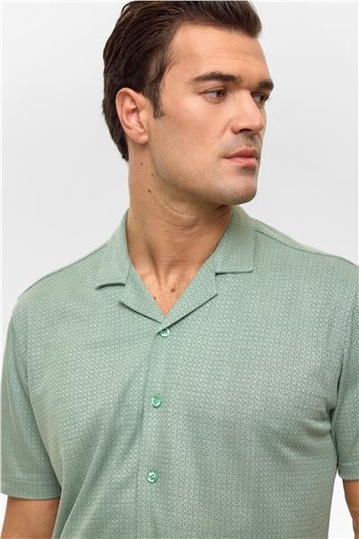 Koyu Haki Slim Desenli Apaş Yaka Gömlek