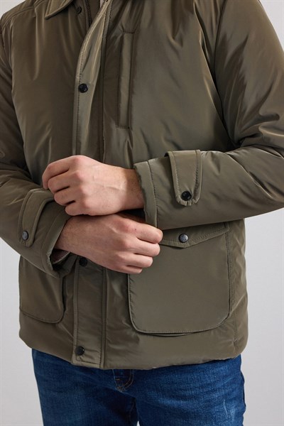 Koyu Haki Slim Gömlek Yaka Düz Torba Cep Fermuar + Çıtçıt Elyaf Dolgulu Standart Mont