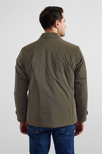 Koyu Haki Slim Gömlek Yaka Düz Torba Cep Fermuar + Çıtçıt Elyaf Dolgulu Standart Mont