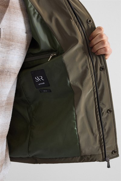 Koyu Haki Slim Gömlek Yaka Düz Torba Cep Fermuar + Çıtçıt Elyaf Dolgulu Standart Mont