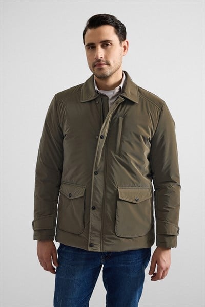 Koyu Haki Slim Gömlek Yaka Düz Torba Cep Fermuar + Çıtçıt Elyaf Dolgulu Standart Mont