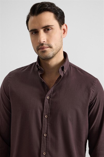 Koyu Kahve Regular Düğmeli Yaka Düz Cepsiz Casual Gömlek