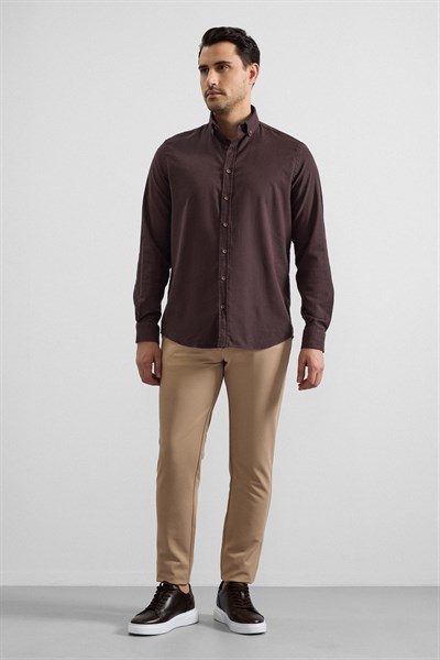 Koyu Kahve Regular Düğmeli Yaka Düz Cepsiz Casual Gömlek