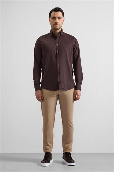 Koyu Kahve Regular Düğmeli Yaka Düz Cepsiz Casual Gömlek