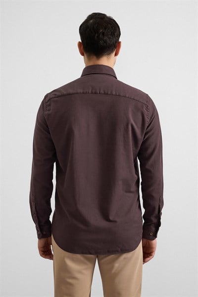 Koyu Kahve Regular Düğmeli Yaka Düz Cepsiz Casual Gömlek