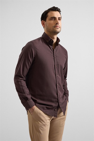 Koyu Kahve Regular Düğmeli Yaka Düz Cepsiz Casual Gömlek